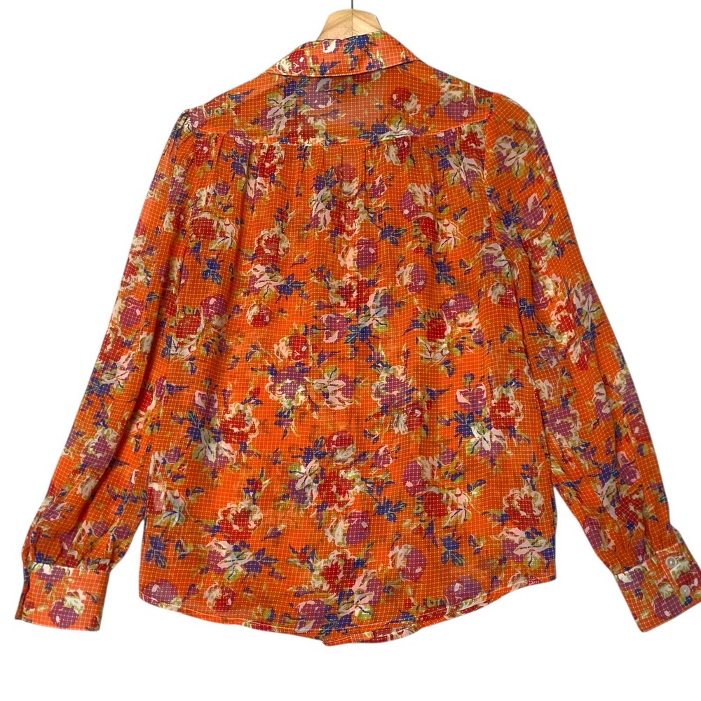 Modcloth Sheer Floral Button-Up Blouse S Orange Cottagecore Boho Chic Colorful - Picture 4 of 10